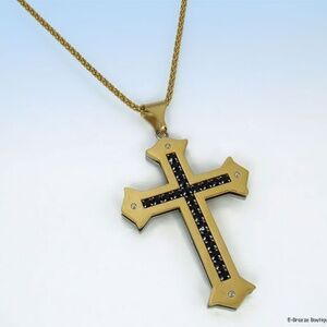 24" Gold-Tone Stainless Steel & Black Cubic Zirconia CZ CROSS PENDANT Necklace